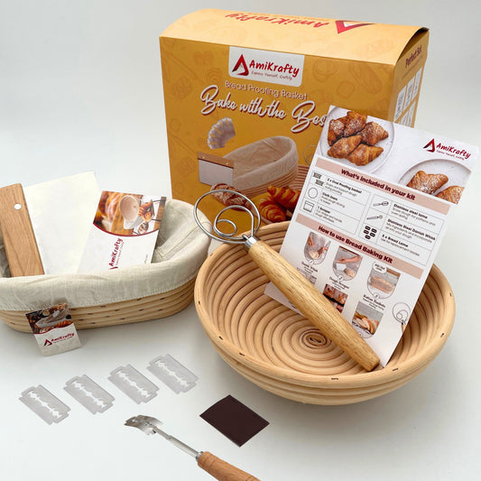 Amikrafty: Sourdough Bread Baking Supplies Starter Kit - Includes Sourdough Starter, Banneton Bread Proofing Basket, Essential Tools for "Artisans".